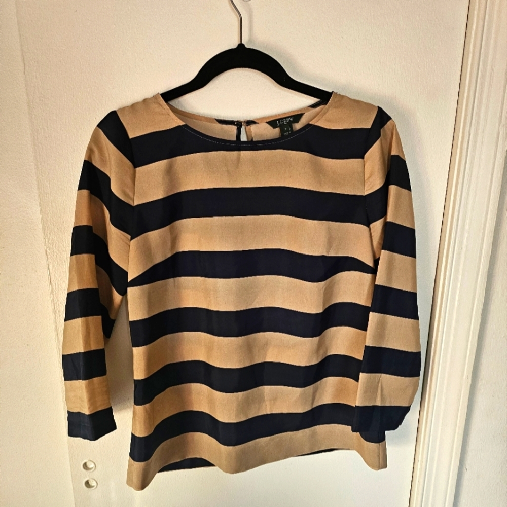 J. Crew Boxy Tan and Black Long Sleeve Blouse Size S